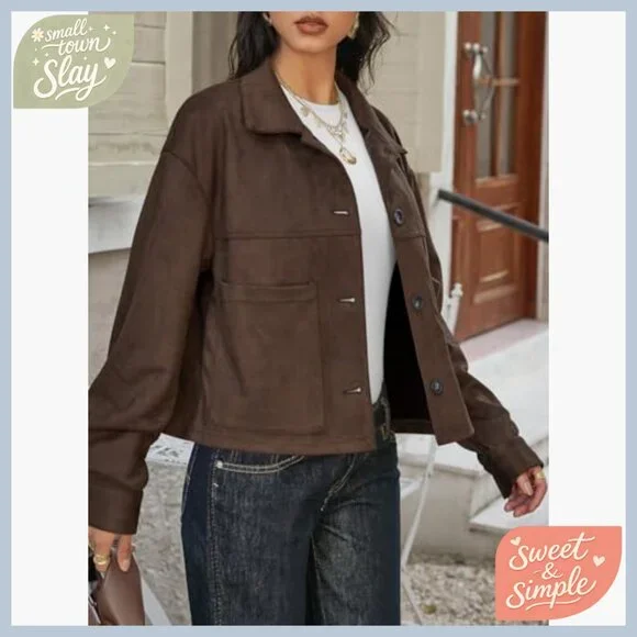 Cropped Faux Suede Jacket Lapel Collar Button Down Casual Winter Shacket - Picture 3 of 6